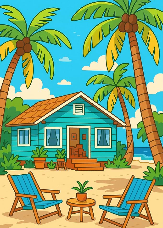 Tropical Beach House Cartoon Illustration