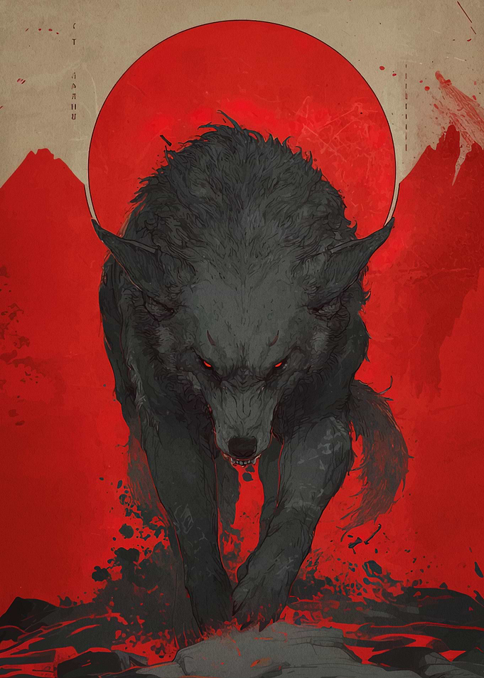Wolf with Red Eyes and Moon