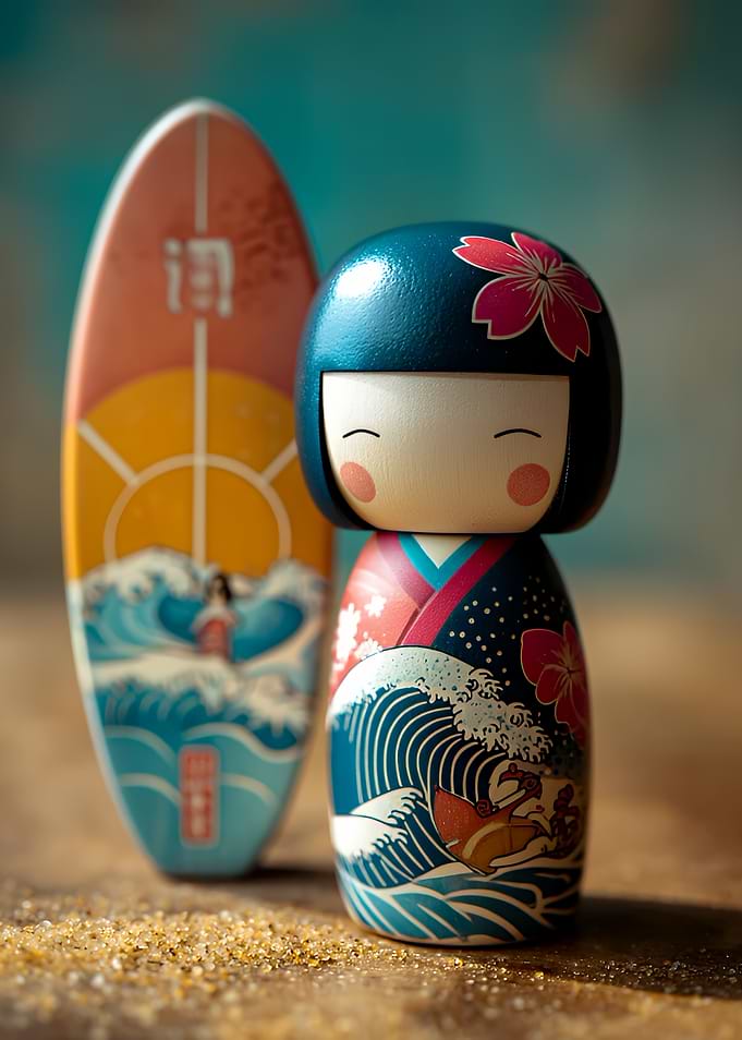 Kokeshi Doll with Surfboard