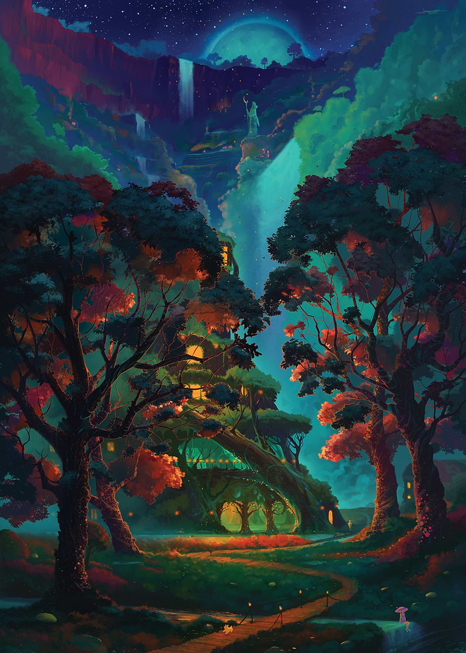 Enchanted Tree House and Waterfall Fairy Tale Landscape