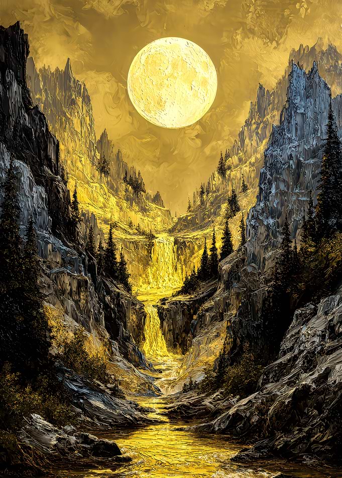 Golden Moonlit Mountain Waterfall Landscape