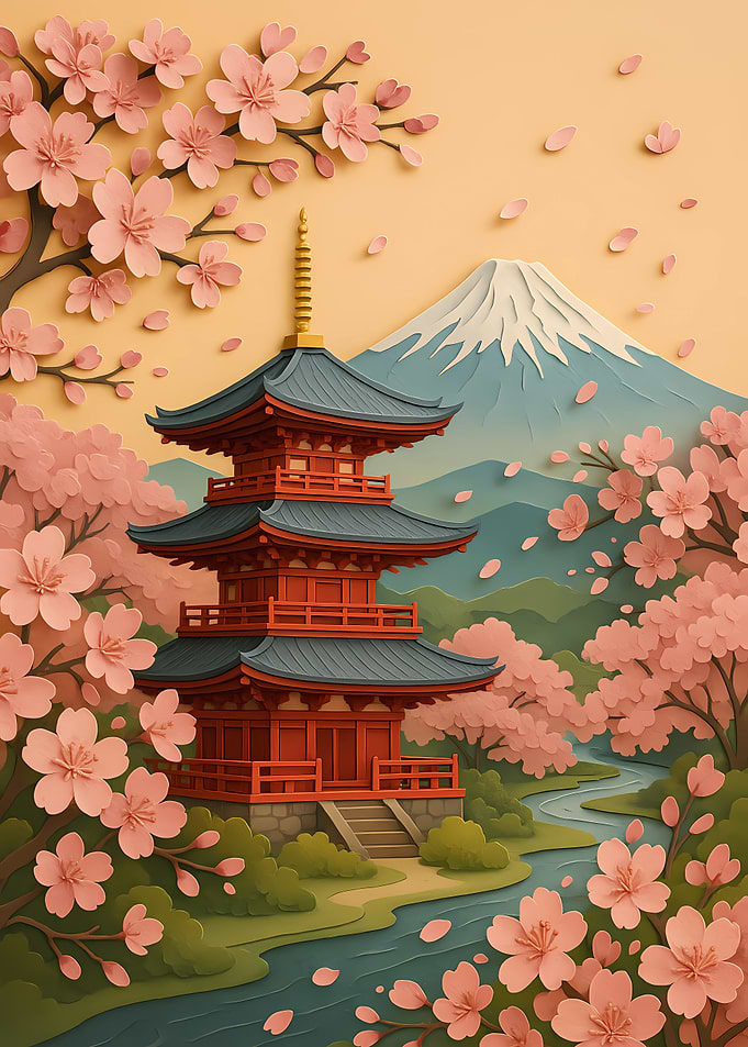 Japanese Pagoda with Cherry Blossoms
