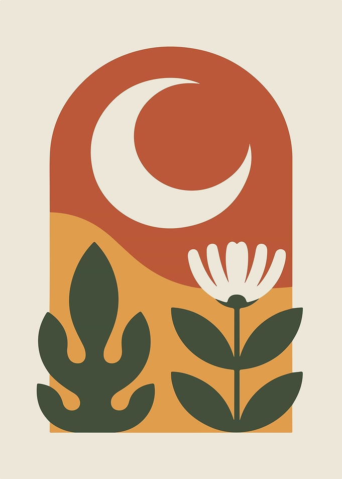 Minimalist Moon and Floral Illustration