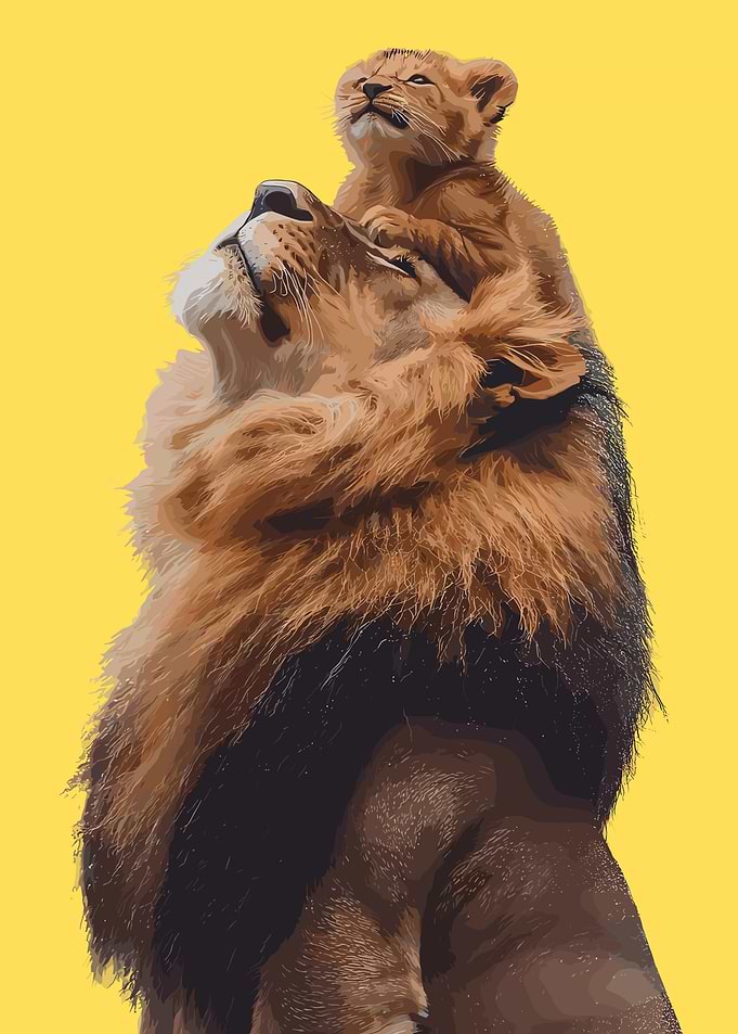 Lion and Cub on Yellow Background