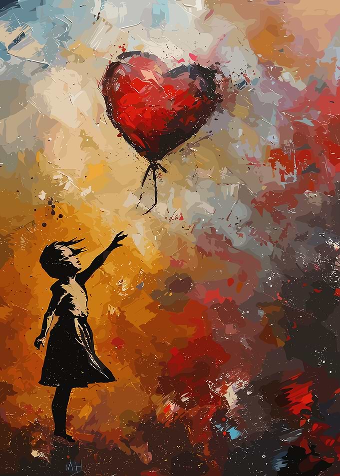 Girl Reaching for Heart Balloon Painting