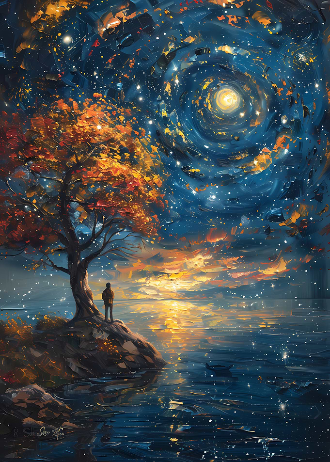 Contemplation under a starry sky painting