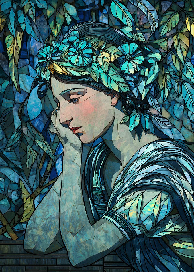 Blue Floral Woman Stained Glass Art