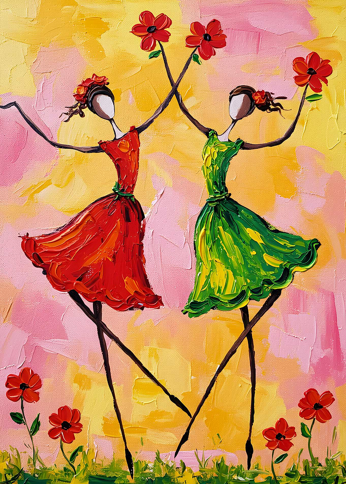 Dancing Figures with Flowers Painting
