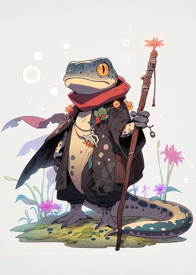 Lizard Wizard with Staff and Flowers