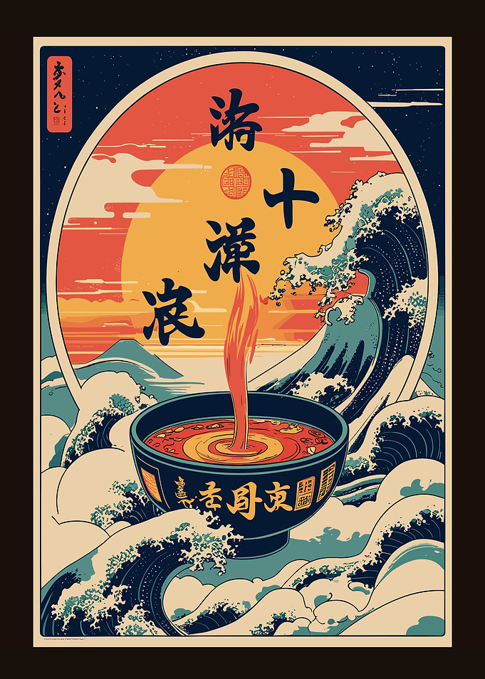 Ramen Bowl with Ocean Wave Backdrop