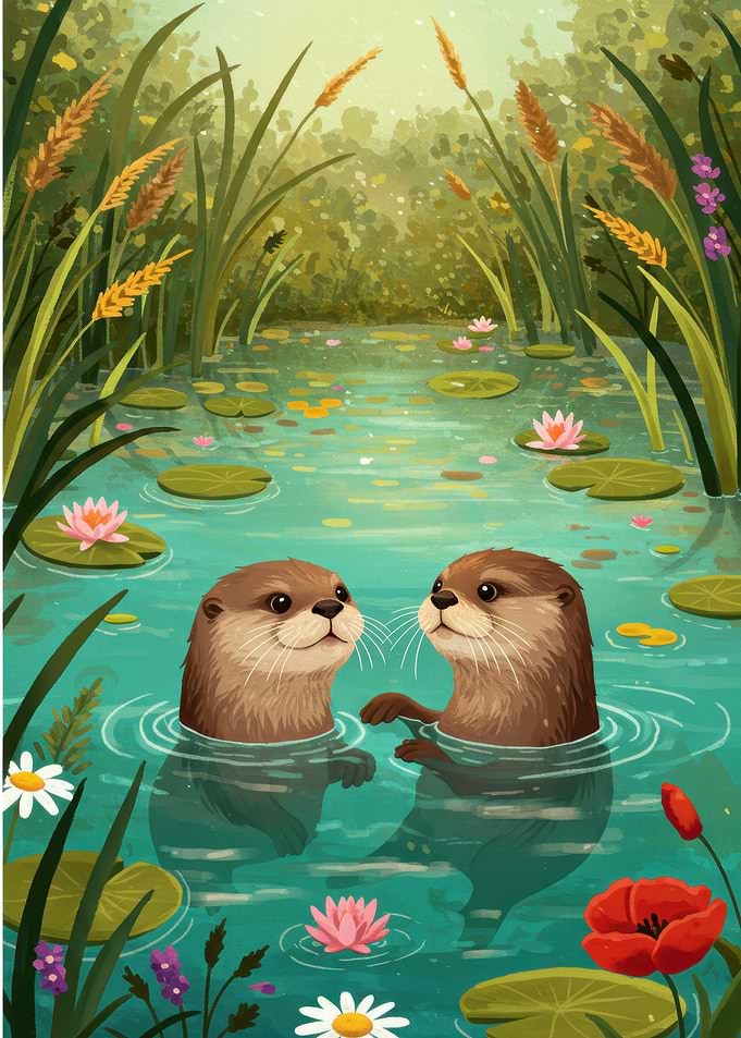 Two Otters in a Pond
