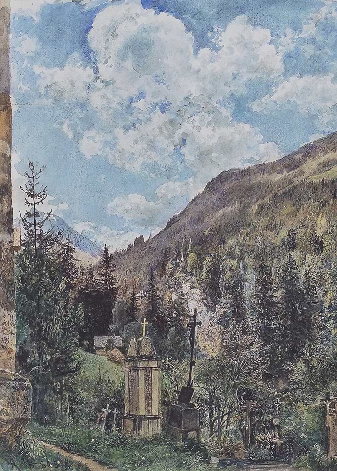 Mountain Cemetery Watercolor Painting