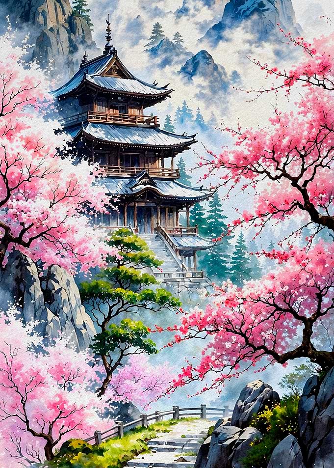 Japanese Temple with Cherry Blossoms
