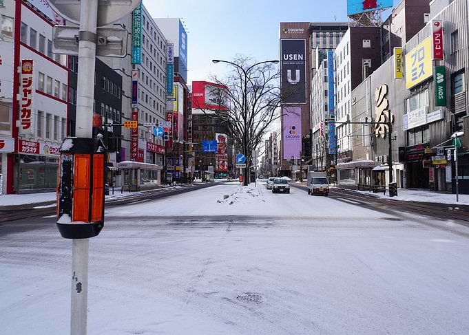 Snowy street in Sapporo, Japan