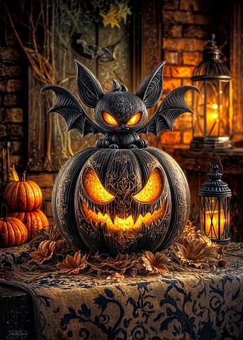 Halloween Pumpkin with Bat Decoration