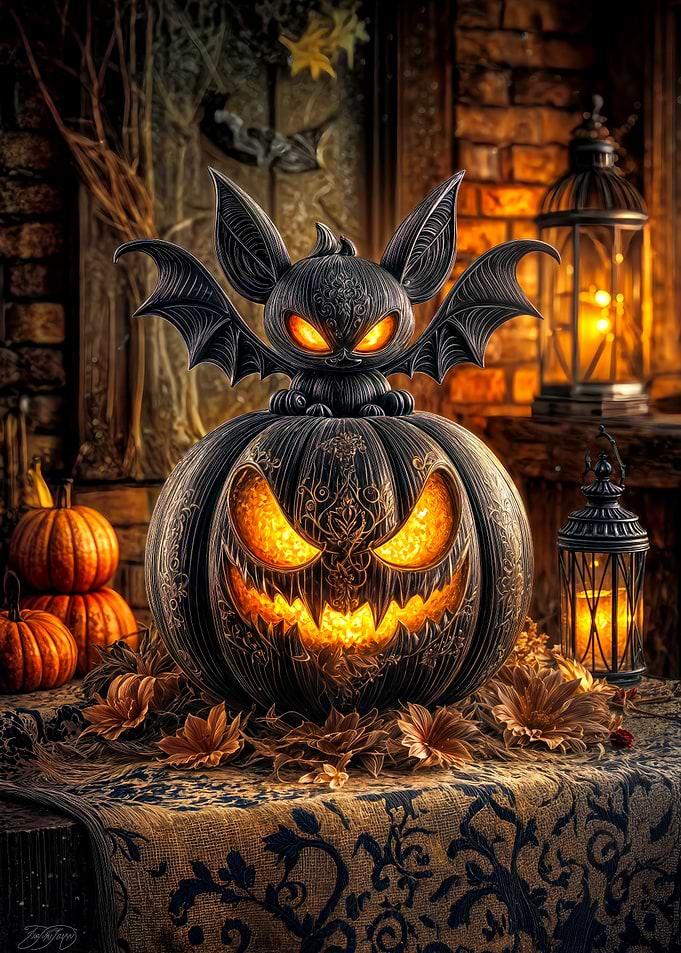 Halloween Pumpkin with Bat Decoration