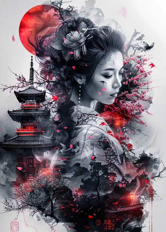 Geisha with Pagoda and Cherry Blossoms