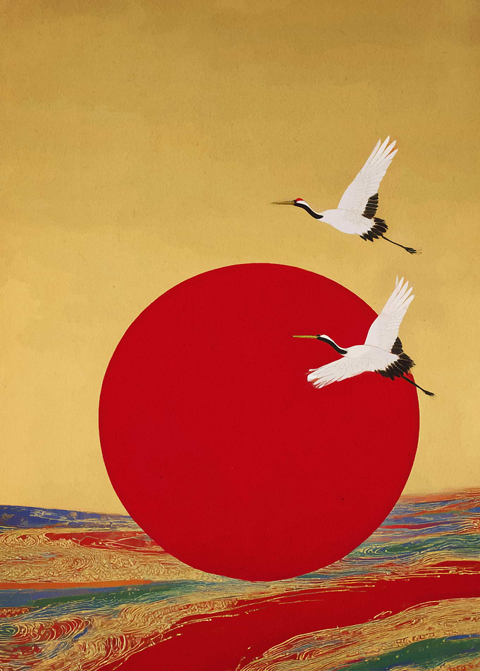 Japanese Cranes and Rising Sun Art