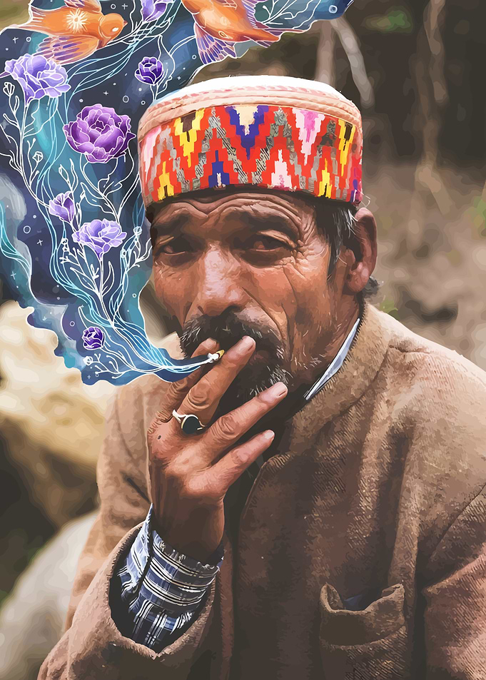 Man smoking with floral smoke
