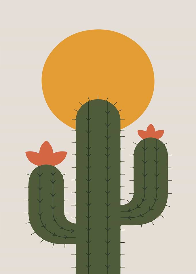 Minimalist Cactus with Sun and Flowers