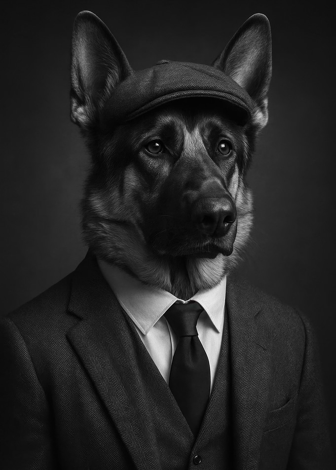 Dapper German Shepherd Dog Portrait in Suit