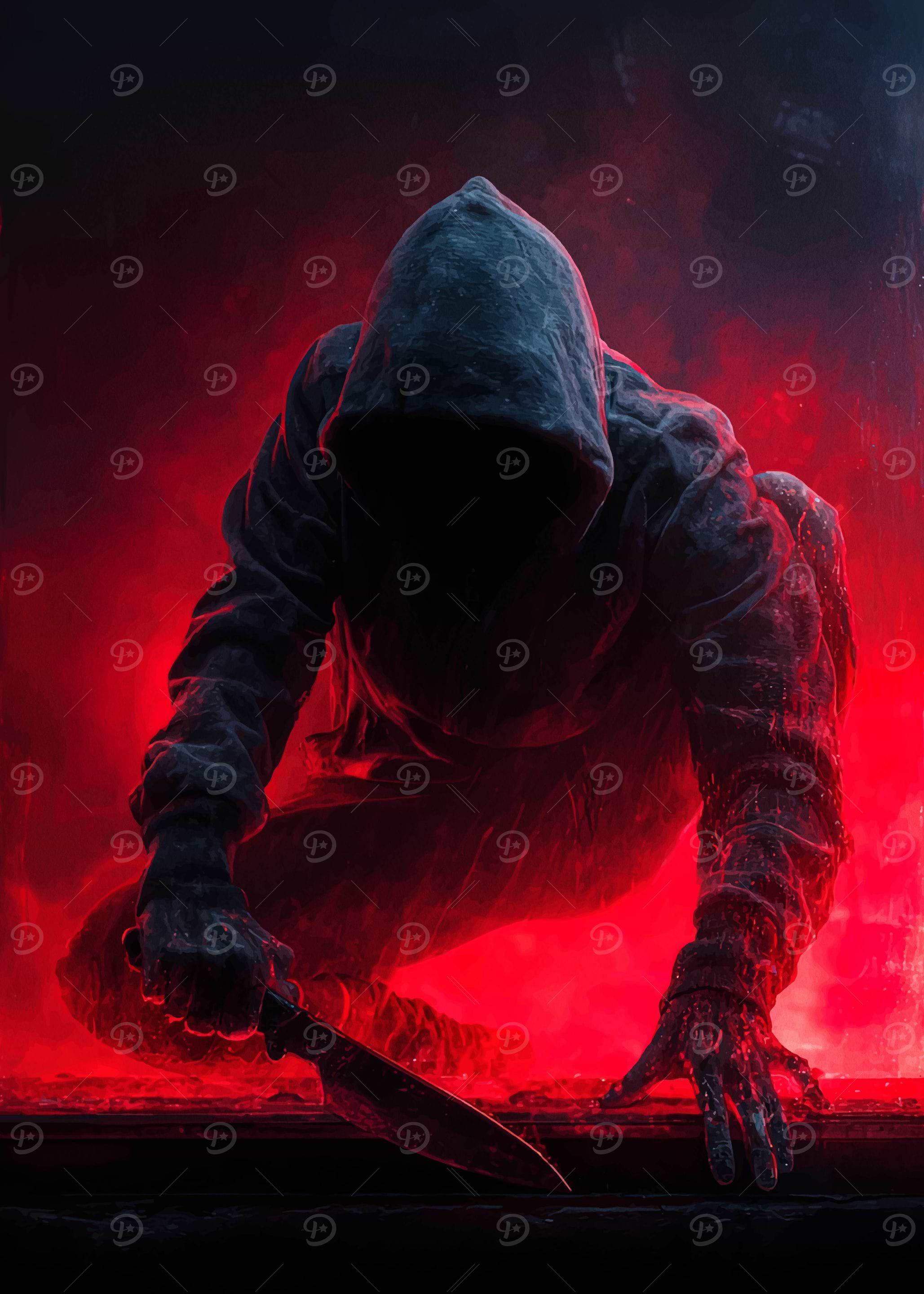 Hooded Figure with Knife in Red