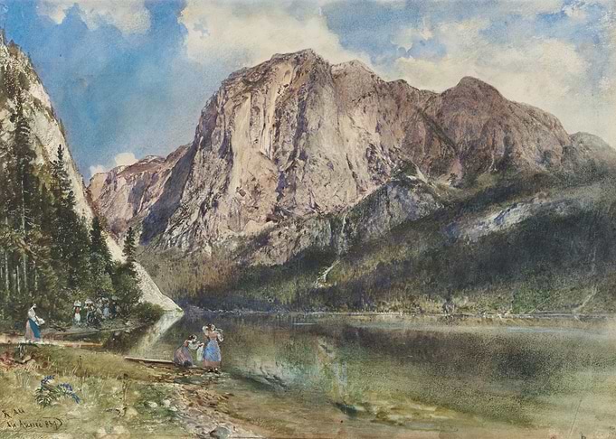 Lake Landscape Painting with Mountains
