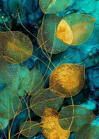 Golden Leaves on Teal Background