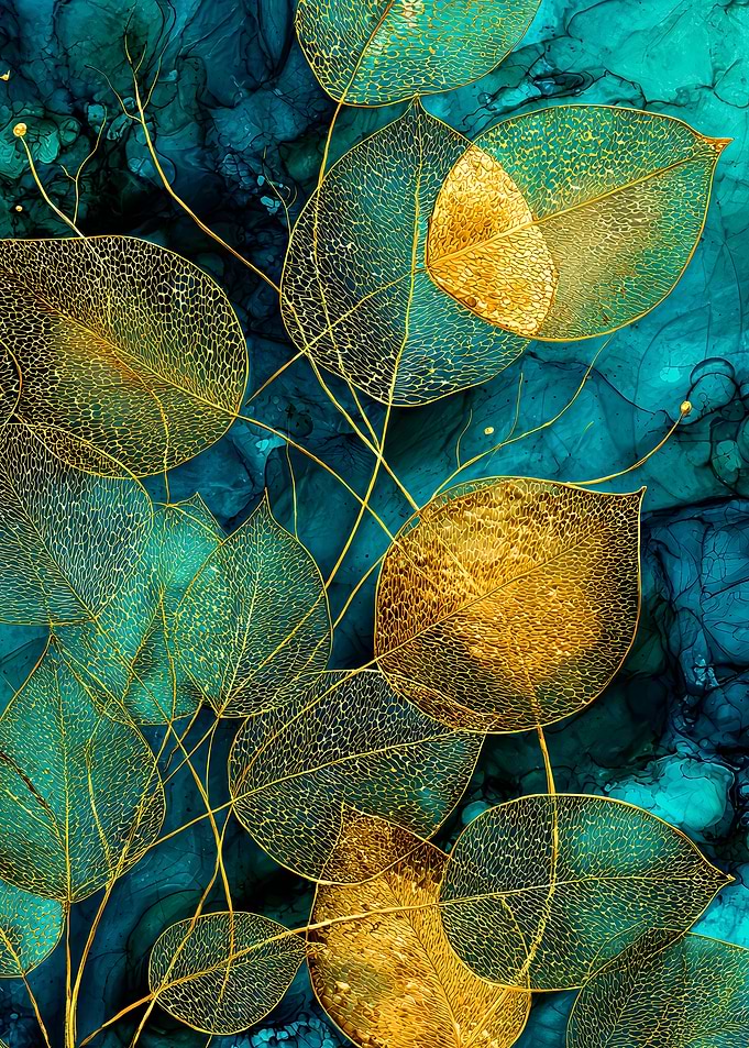 Golden Leaves on Teal Background
