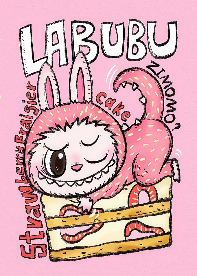 Labubu Strawberry Cake Digital Art