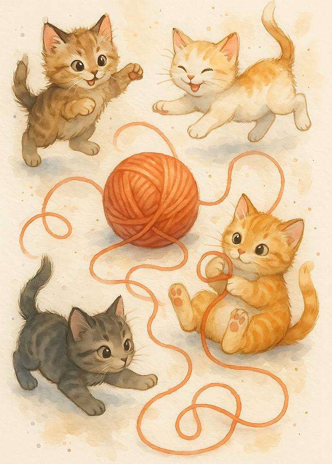 Four Kittens Playing with Ball of Yarn