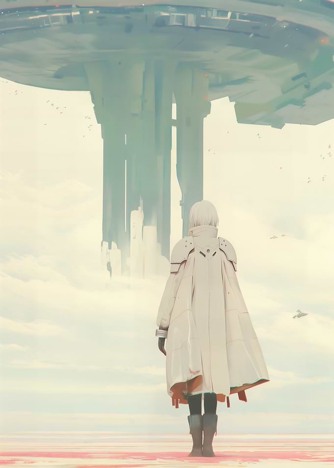 Futuristic Cityscape with Cloaked Figure