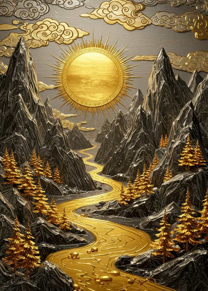 Golden River Mountain Landscape Art