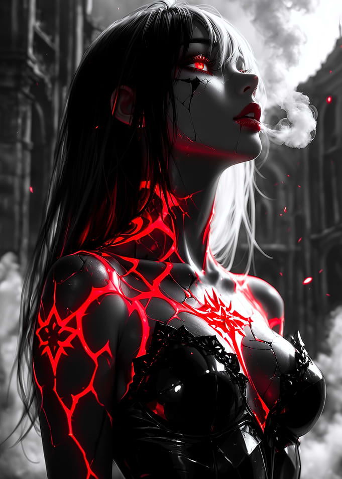 Red Glowing Woman in Dark Cityscape