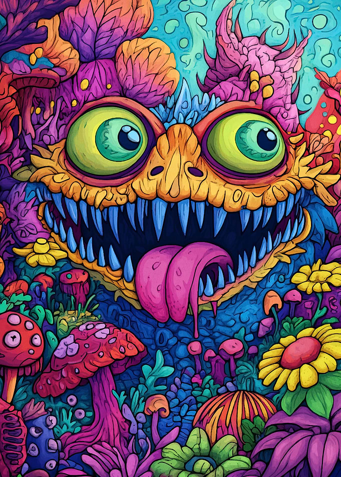 Psychedelic Monster in a Fungi Garden