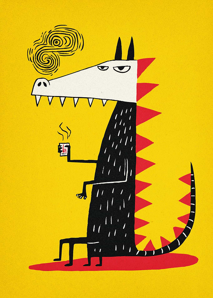Grumpy Dragon Drinking Coffee Illustration