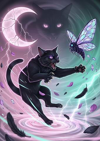 Pastel Goth Black Cat and Moth Fantasy Art