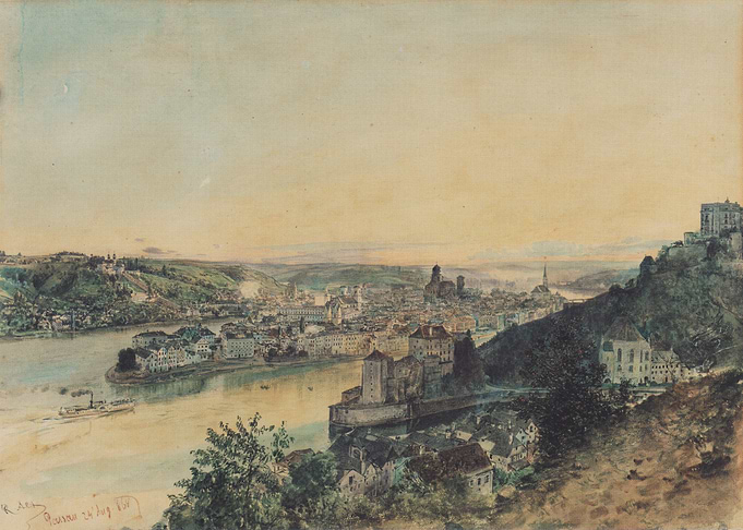 Vintage Cityscape Painting with River View