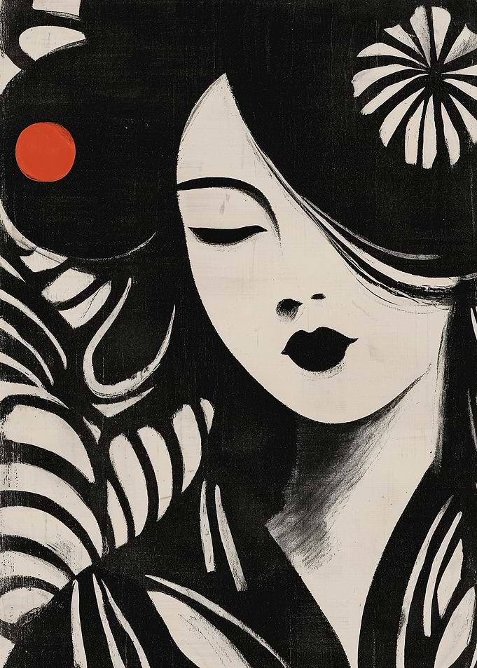 Japanese Woman Minimalist Ink Art Portrait