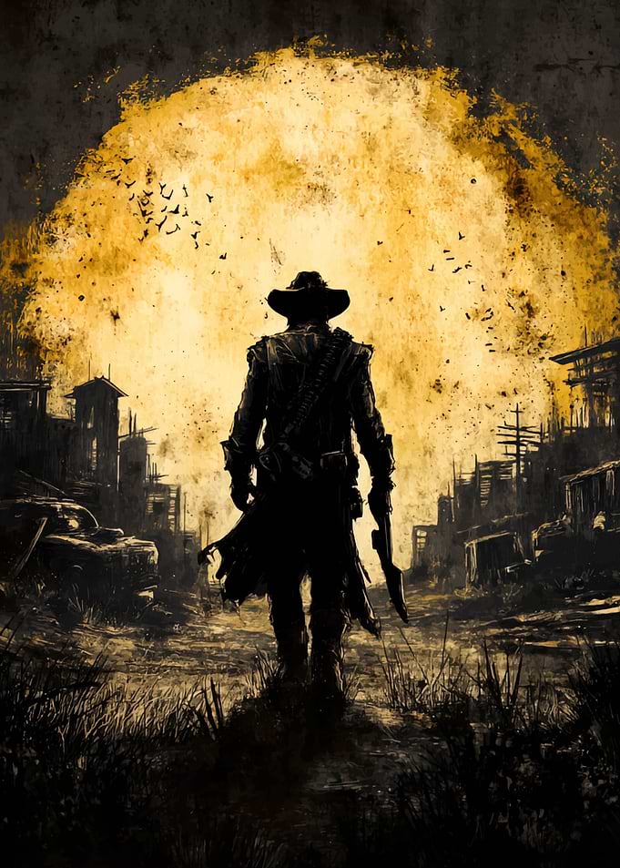 Silhouette of a Cowboy in a Town