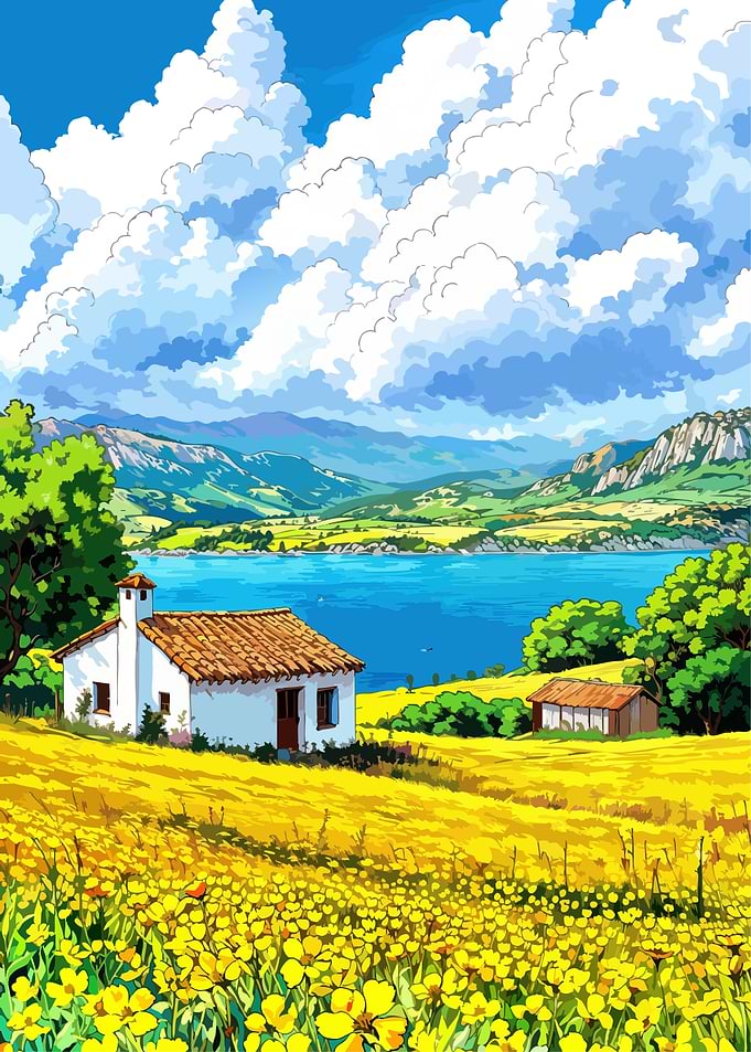Idyllic Countryside Landscape with Cottage