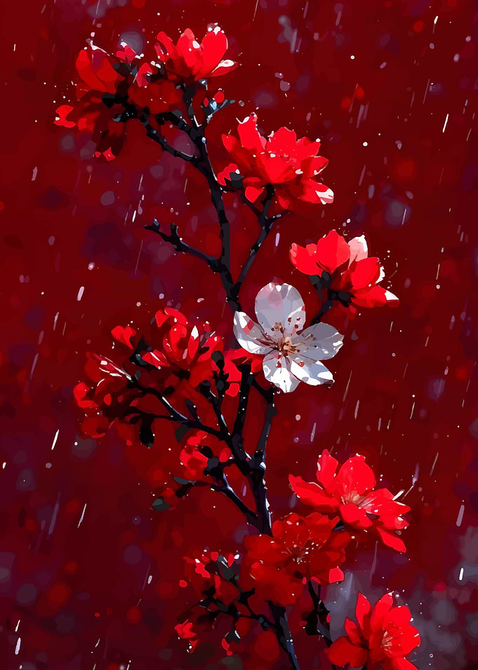 Red and White Floral Branch Painting
