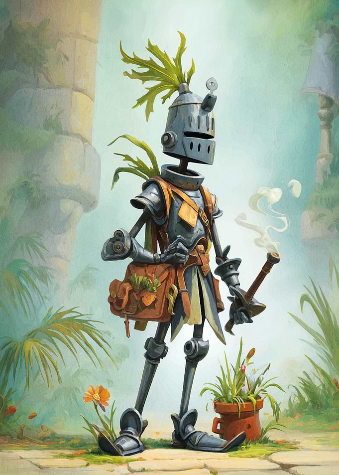 Robot Knight Gardener with Pipe
