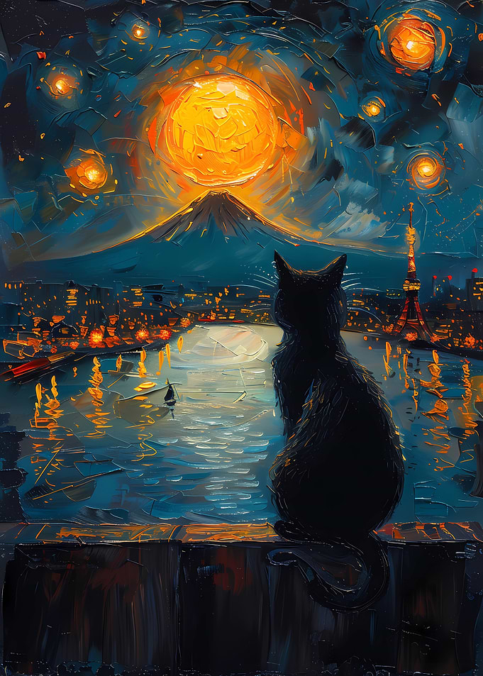 Black Cat Gazing at Tokyo Skyline