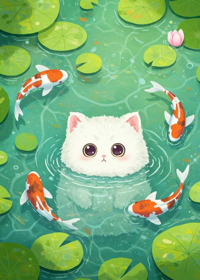 Cat and Koi Pond Illustration
