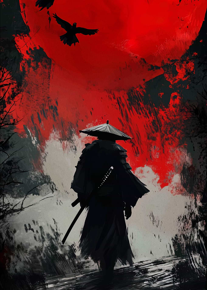 Samurai with Red Moon and Crows