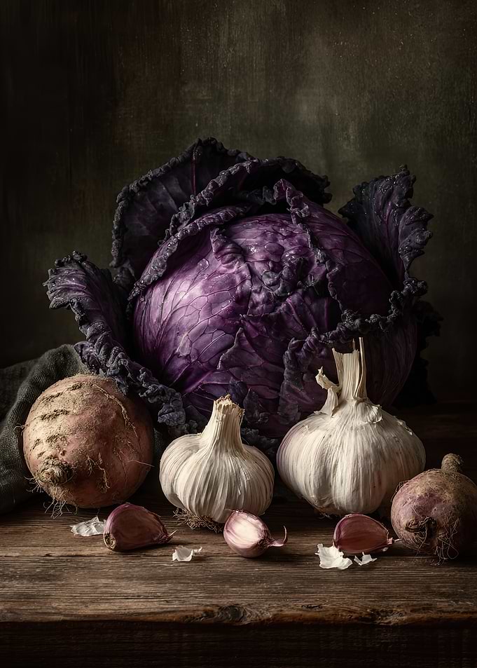 Still Life with Red Cabbage and Garlic