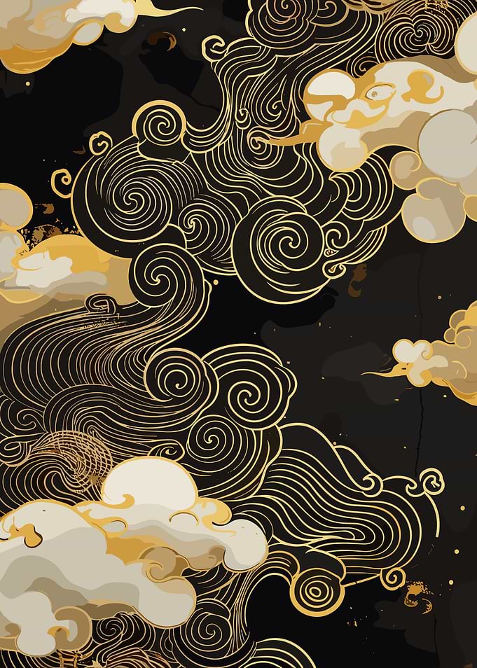 Golden swirls and clouds on black