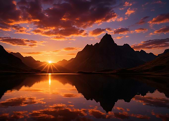 Golden Sunset Over Alpine Peaks and Reflective Lake