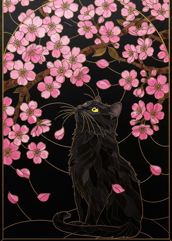 Stained Glass Cherry Blossom Cat